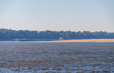 Panorama of sand banks due to extreme low water conditions on Mississippi river in October 2023...