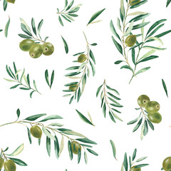Watercolor seamless pattern with branches of green olives on a white background. Can be used for textile, wallpaper prints, kitchen, food and cosmetic design.