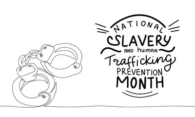 National Slavery and Human Trafficking prevention Month lettering. Handwriting text and line art handcuffs. Hand drawn vector art.