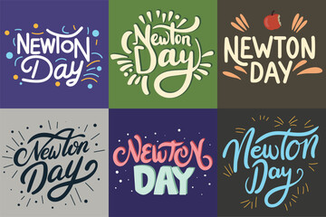 Collection of text composition, Newton Day. Handwriting Newton Day text. Hand drawn vector art