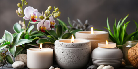 Beautiful spa composition with burning candles on grey background, closeup