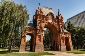 Fototapeta na wymiar The Tsar's Gate in Krasnodar. Alexander's Triumphal Arch.
