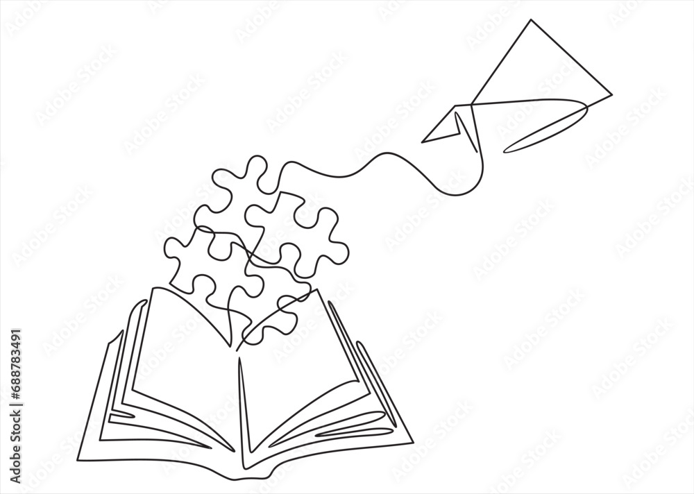 Poster continuous one line drawing of puzzle and open book and paper plane.