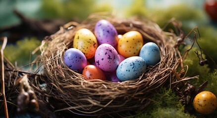 Fototapeta na wymiar happy easter! colorful eggs in nest on grass,