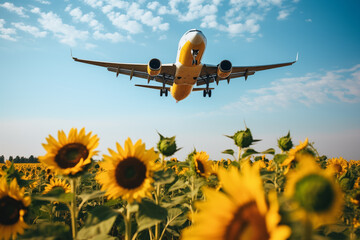 Landing airplane above sunflower field. Concept of decarbonization and biofuel	