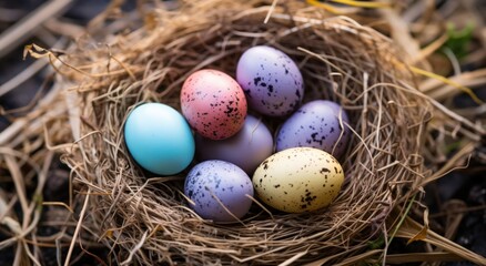 happy easter! colorful eggs in nest on grass,