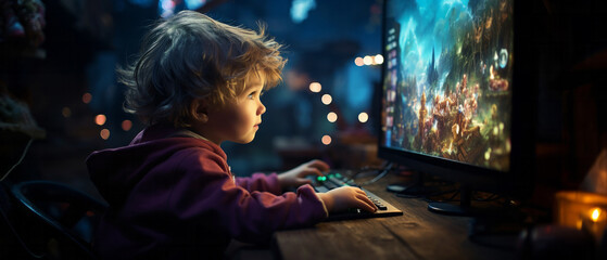 Boy playes videogames. Addicted to video gaming at home.