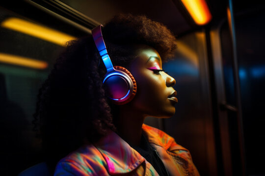 AI Generated Image of Serene African American woman wearing wireless headphones while listening music in subway