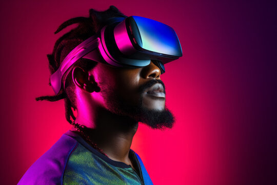 AI generated image of side view of Stylish African American man with dreadlocks wearing Virtual Reality headset with glowing neon light on a pink background