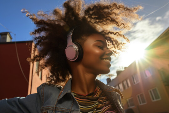 AI Generated Image of side view of Modern African American teenage girl with curly hair wearing headphones and listening to music while dancing with closed eyes on a city street