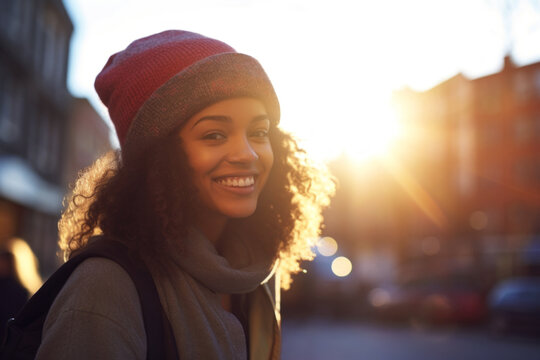 Generated Image of Smiling African American young teenage girl wearing knit hat while looking at camera and standing on a city street against sunset