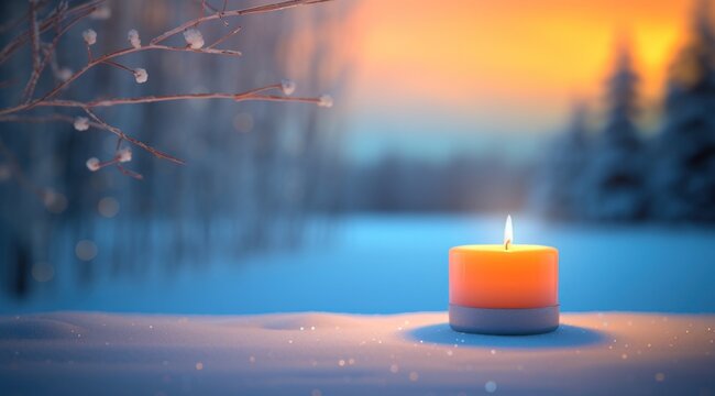 image of a candle burning in a winter scene,