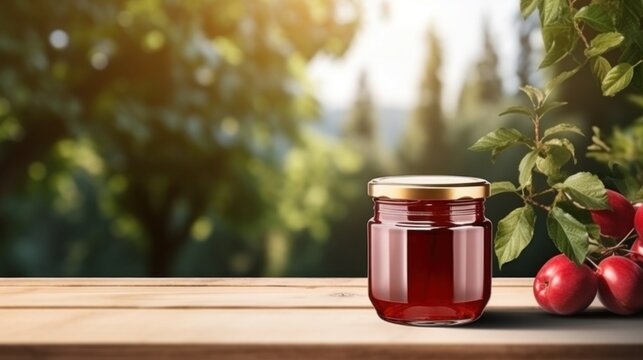 jar of appple jam with blank front realistic on a mockup template in a wooden table in a summer garden