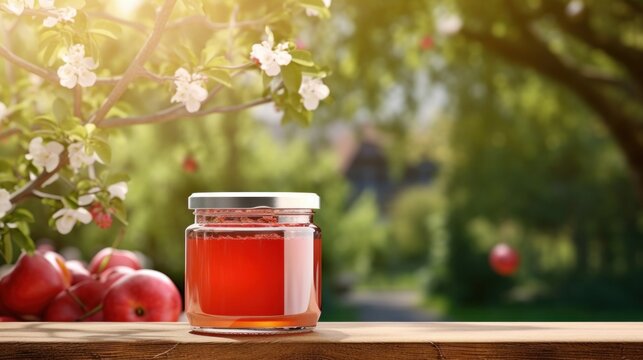 jar of appple jam with blank front realistic on a mockup template in a wooden table in a summer garden