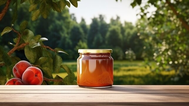 jar of appple jam with blank front realistic on a mockup template in a wooden table in a summer garden
