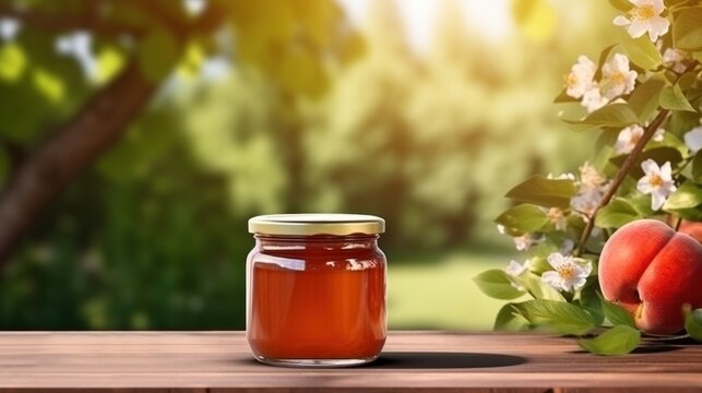 jar of appple jam with blank front realistic on a mockup template in a wooden table in a summer garden