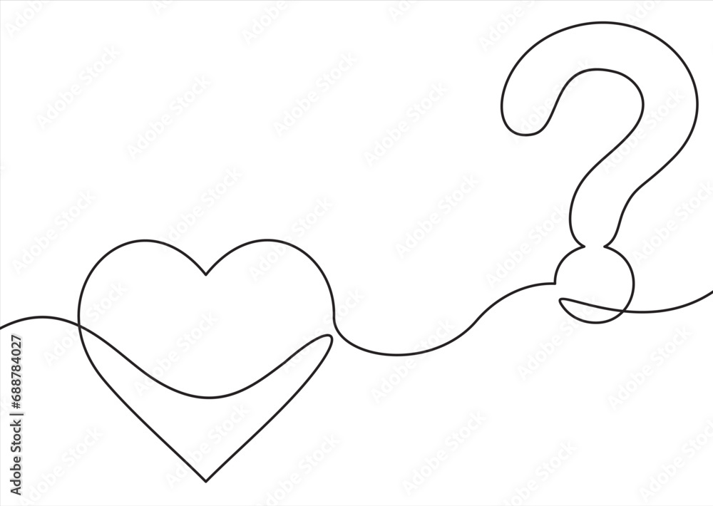 Poster heart question mark - concept of love issues.continuous line illustration. one line vector.