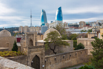 The panoramic view of the old town and modern buildings in Baku city, capital of Azerbaijan