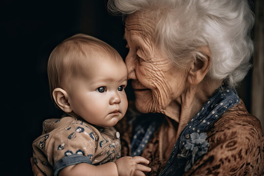 Generative AI image of tender moment between elderly woman and baby