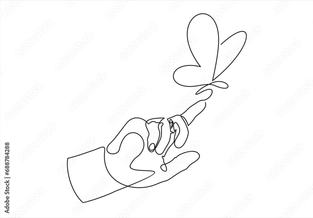 Poster hand with a butterfly on the finger icon line continuous drawing vector. one line hand and butterfly