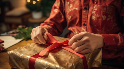 Obraz na płótnie Canvas an elderly man opens a Christmas present (holding in his hands)