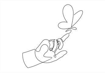 Hand with a butterfly on the finger icon line continuous drawing vector. One line Hand and butterfly icon vector background. Butterfly icon. Continuous outline of a hand icon.