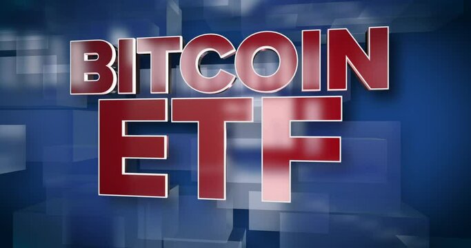 A red and blue dynamic 3D BITCOIN ETF background title page animation.  	