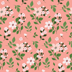 Seamless floral pattern, abstract spring ditsy print in a delicate folk motif. Cute botanical design: small hand drawn flowers, large leaves, branches on a pink background. Vector flower pattern.