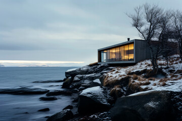 Secluded Modern Cabin Overlooking Snowy Shoreline