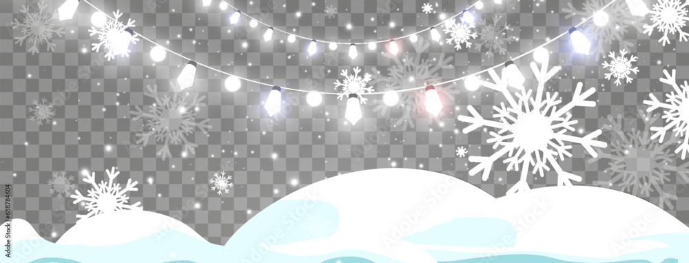 Wall mural Vector illustration of a light garland on a transparent background.Snowflakes and snow.	

