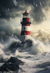Rolgordijnen lighthouse in snowy storm, © ArtCookStudio