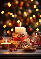 Obraz na płótnie Canvas lighting candles is displayed around a festive christmas tree,