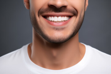 Obraz premium Young man with smile on gray background. Teeth whitening or dentistry concept