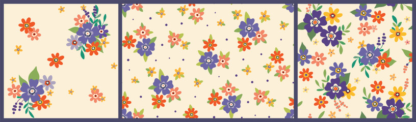 Seamless floral pattern, liberty ditsy print with cute summer, spring botany in retro motif. Collection of pretty botanical design: small hand drawn flowers, leaves, tiny simple bouquets. Vector. © Yulya i Kot