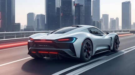 futuristic electric sports car driving in city highway with full self driving system parked at battery charging station network infrastructure wide banner hud datum with copy space area