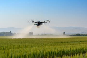 Drone sprayer flies over the agricultural field. Smart farming and precision agriculture	 - obrazy, fototapety, plakaty