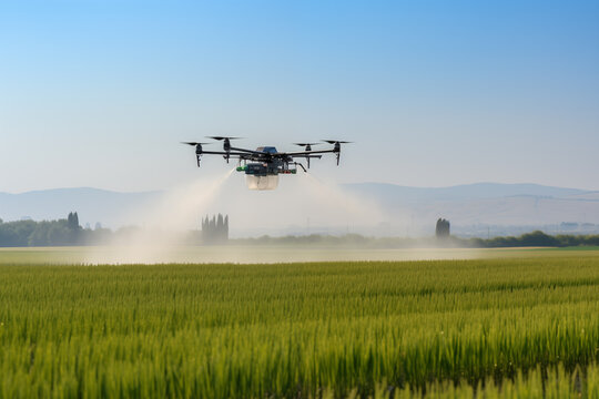 Drone sprayer flies over the agricultural field. Smart farming and precision agriculture	