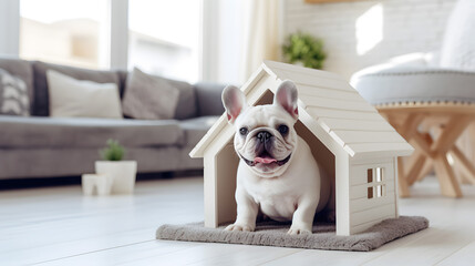 Smiling French Bulldog in Wooden Dog House Indoors