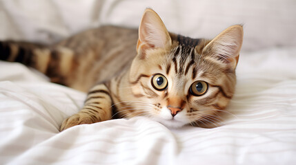 Tabby Cat Lying on White Bedding Closeup