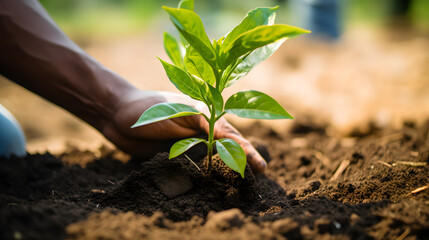 Hands Planting a Young Seedling in Fertile Soil