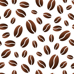 Brown roasted coffee beans on white background. Vector seamless pattern. Best for textile, cafe decoration, wallpapers, wrapping paper, package and web design.