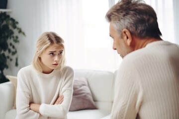 Blonde girl hold hands crossed, sit at sofa and talk with man at home, teen daughter and middle aged father argument, adolescence problems, two generation conflict concept - obrazy, fototapety, plakaty