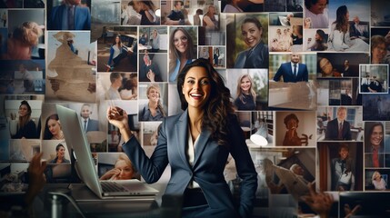 A mosaic featuring various snapshots of a happy and confident businesswoman excelling in her professional life, from networking events to client meetings