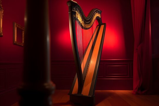 An image of a harp, a musical instrument with strings and a wooden frame (Generative AI)