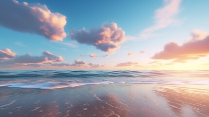 A serene beach at sunrise, with smooth sands and a tranquil sea, offering a vast area in the sky perfect for ad copy placement.