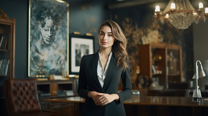A regal and cheerful businesswoman standing confidently in a luxurious office adorned with classical artwork