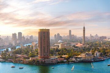 Gezira island on the Nile at sunset, exclusive aerial view of Cairo, Egypt