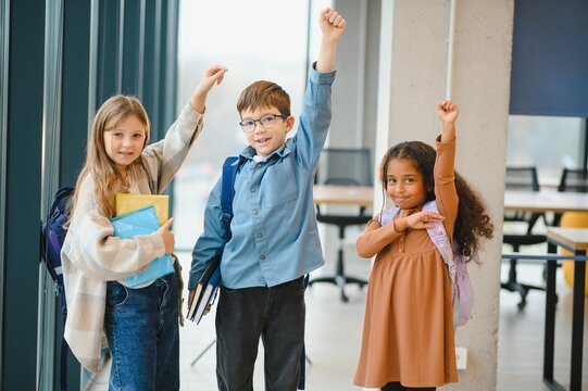 Group of elementary school kids in a school corridor