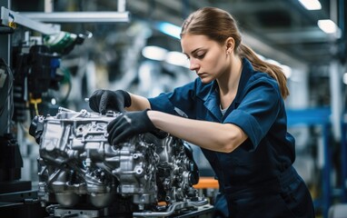 Female worker in a modern automotive manufacturing plant, confidently operating machinery