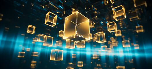 Futuristic technology background. Abstract  flying gold cubes background. Sci fi shape in empty space. 